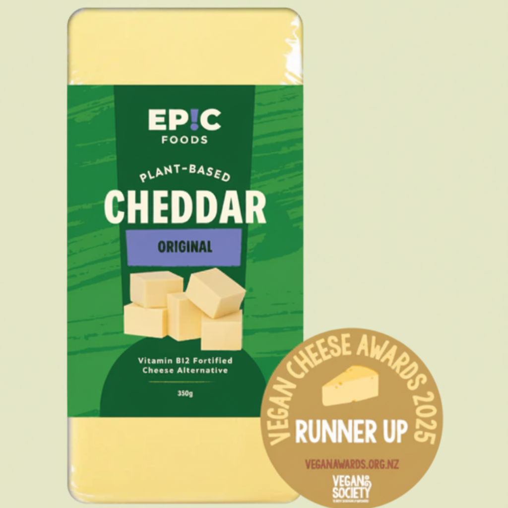 Packaging of Epic Foods plant-based cheddar cheese with a Vegan Cheese Awards 2025 runner-up badge.