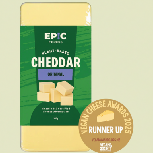 Packaging of Epic Foods plant-based cheddar cheese with a Vegan Cheese Awards 2025 runner-up badge.