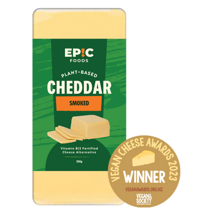 Packaged plant-based smoked cheddar cheese with Epic Foods branding and a Vegan Cheese Awards 2023 winner badge.