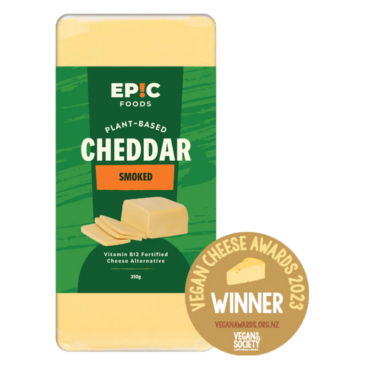 Packaged plant-based smoked cheddar cheese with Epic Foods branding and a Vegan Cheese Awards 2023 winner badge.