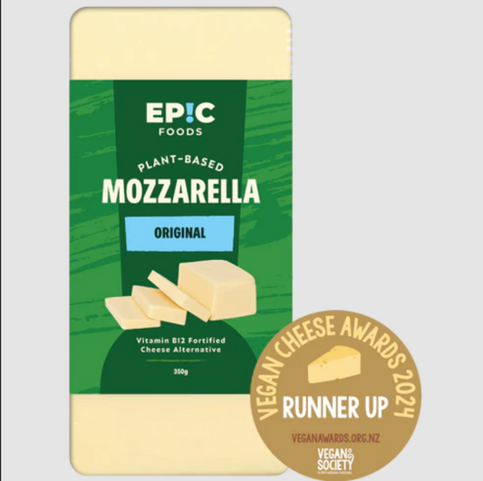 Packaged plant-based mozzarella cheese with Epic Foods branding and a Vegan Cheese Awards 2021 badge.