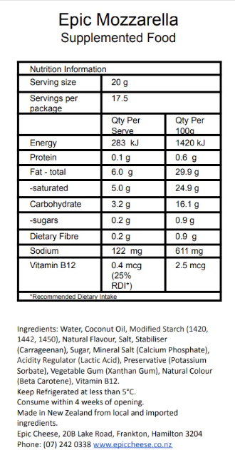 Nutrition information label for Epic Mozzarella supplemented food on a white background