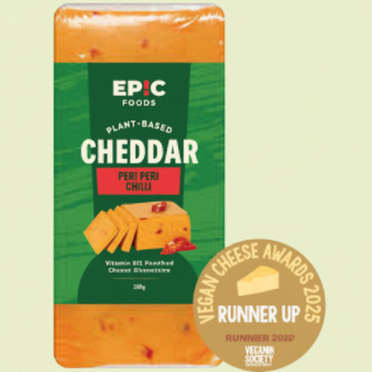 Packaged cheese with Epic Foods branding and a gold award badge.