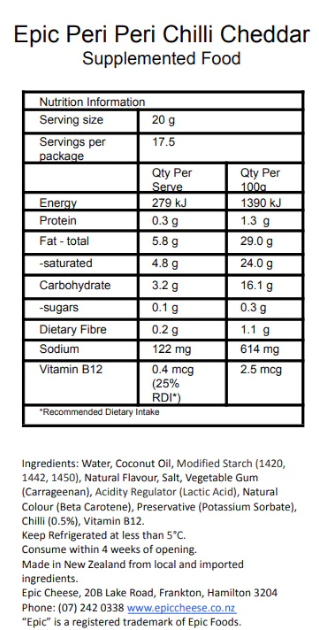 Nutrition label for Epic Peri Peri Chilli Cheddar food product