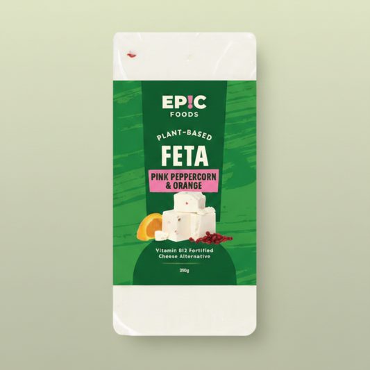 Packaging of Epic Foods plant-based feta cheese with pink peppercorn and orange flavor on a green background.