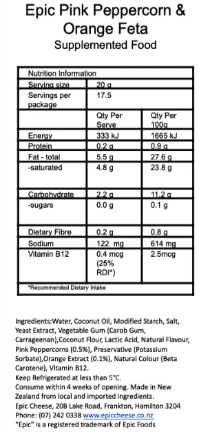 Nutrition label for Epic Pink Peppercorn & Orange Feta supplemented food