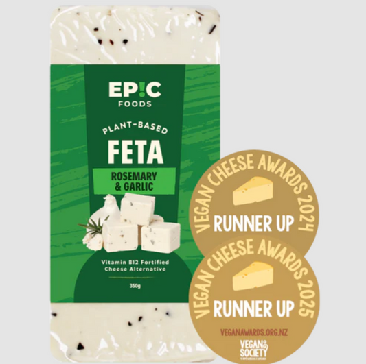 Packaged plant-based feta cheese with Epic Foods branding and awards on a light gray background