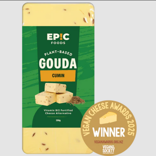 Epic Foods plant-based Gouda Cumin cheese package with a Vegan Cheese Awards 2025 winner badge.
