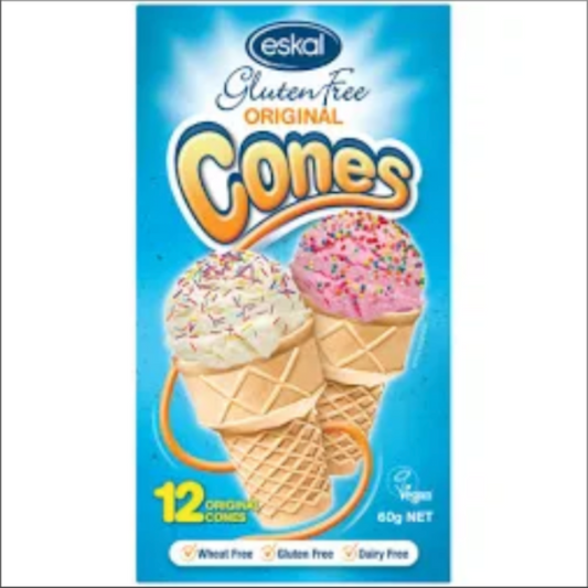 Box of Eskal gluten-free ice cream cones with blue background