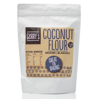 Packaging of Gerrys Coconut Flour showing the product name and branding, with a note saying 'GREAT FOR BAKING'. The package is white with a label that has text and a barcode.