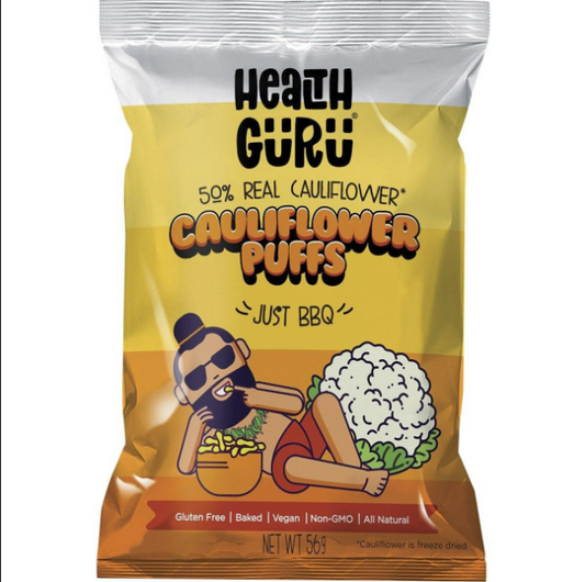 Health Guru Cauliflower Puffs with a cartoon character on a white background