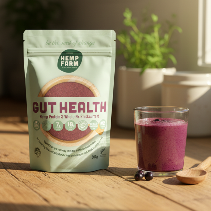 Hemp Farm Gut Health product packaging on a light gray background