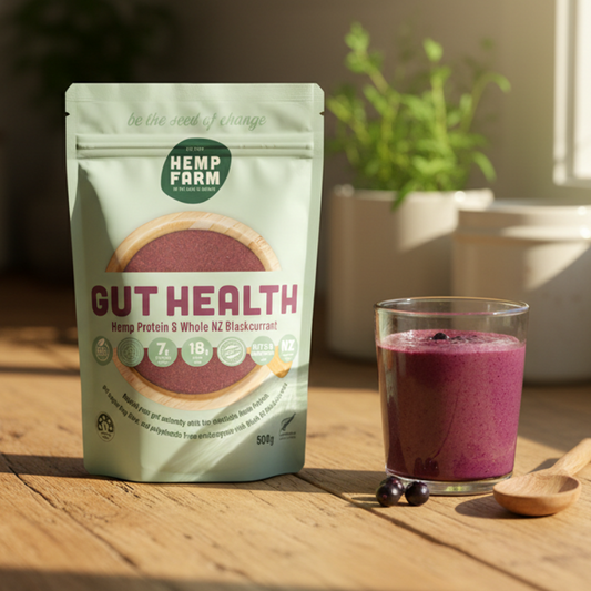 Hemp Farm Gut Health product packaging on a light gray background
