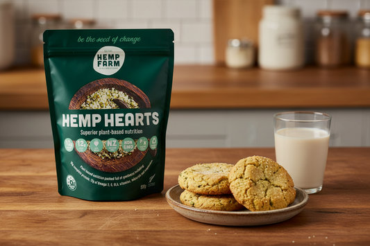 Hemp hearts packaging with 'Hemp Farm' branding on a gray background