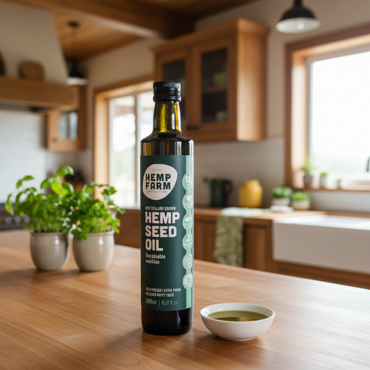 Bottle of Hemp Farm hemp seed oil with a small bowl of oil on a white background