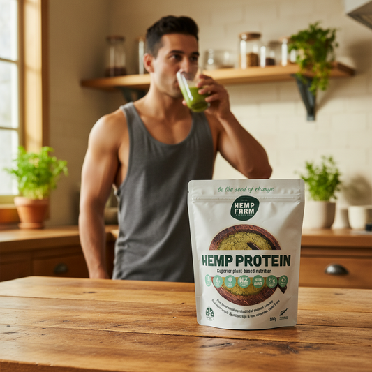 Hemp Farm® Hemp Seed Protein Powder  package with 'Hemp Farm' branding on a light gray background