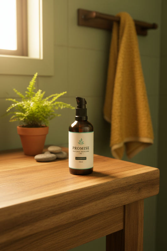 Skincare bottle labeled 'Promise' on a gray background