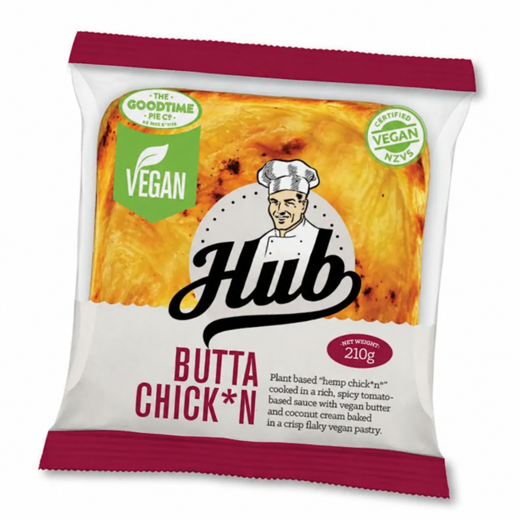 A package of Hub Butta Chick N vegan frozen pie, featuring a white and orange design with a cartoon chef logo and a blue 'FROZEN' text overlay in the top left corner.