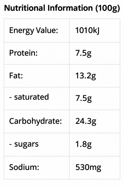 A digital graphic displaying the nutritional information per 100g of a Hub Gourmet Vegan Butta Chick*n Pie, showing energy value, protein, fat, carbohydrate, sugars, and sodium content in a clean, tabular format.