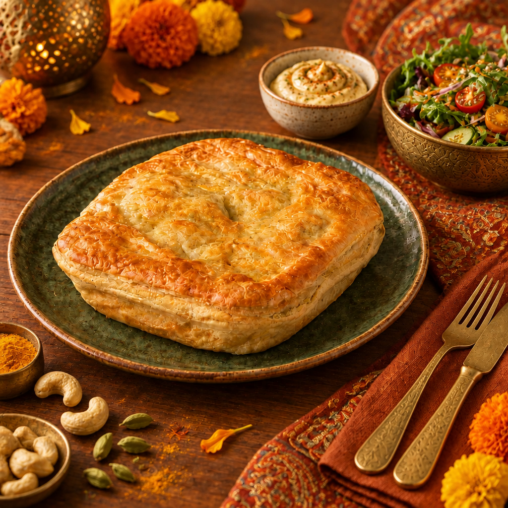 A golden-brown baked Hub Gourmet Vegan Butta Chick*n Pie on a green ceramic plate, set on a rustic wooden table with a red napkin, silver fork and knife, a small bowl of spicy dip, and a salad bowl in the background.
