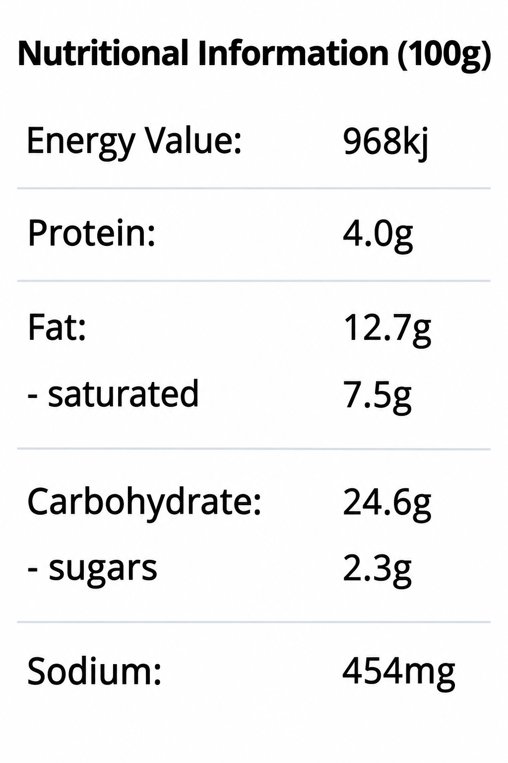 Nutritional information per 100g of Hub Gourmet Vegan Korma Vegetable Pie showing energy value, protein, fat, carbohydrates, sugars, and sodium content in a clean, tabular format.