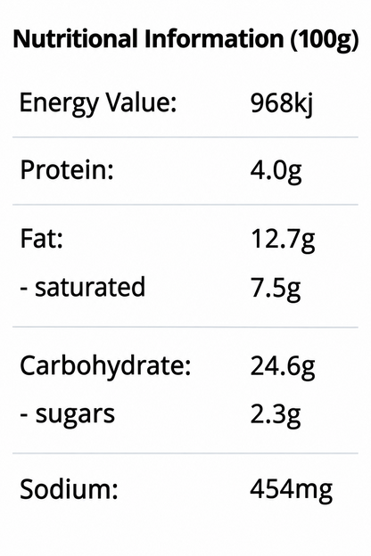 Nutritional information per 100g of Hub Gourmet Vegan Korma Vegetable Pie showing energy value, protein, fat, carbohydrates, sugars, and sodium content in a clean, tabular format.