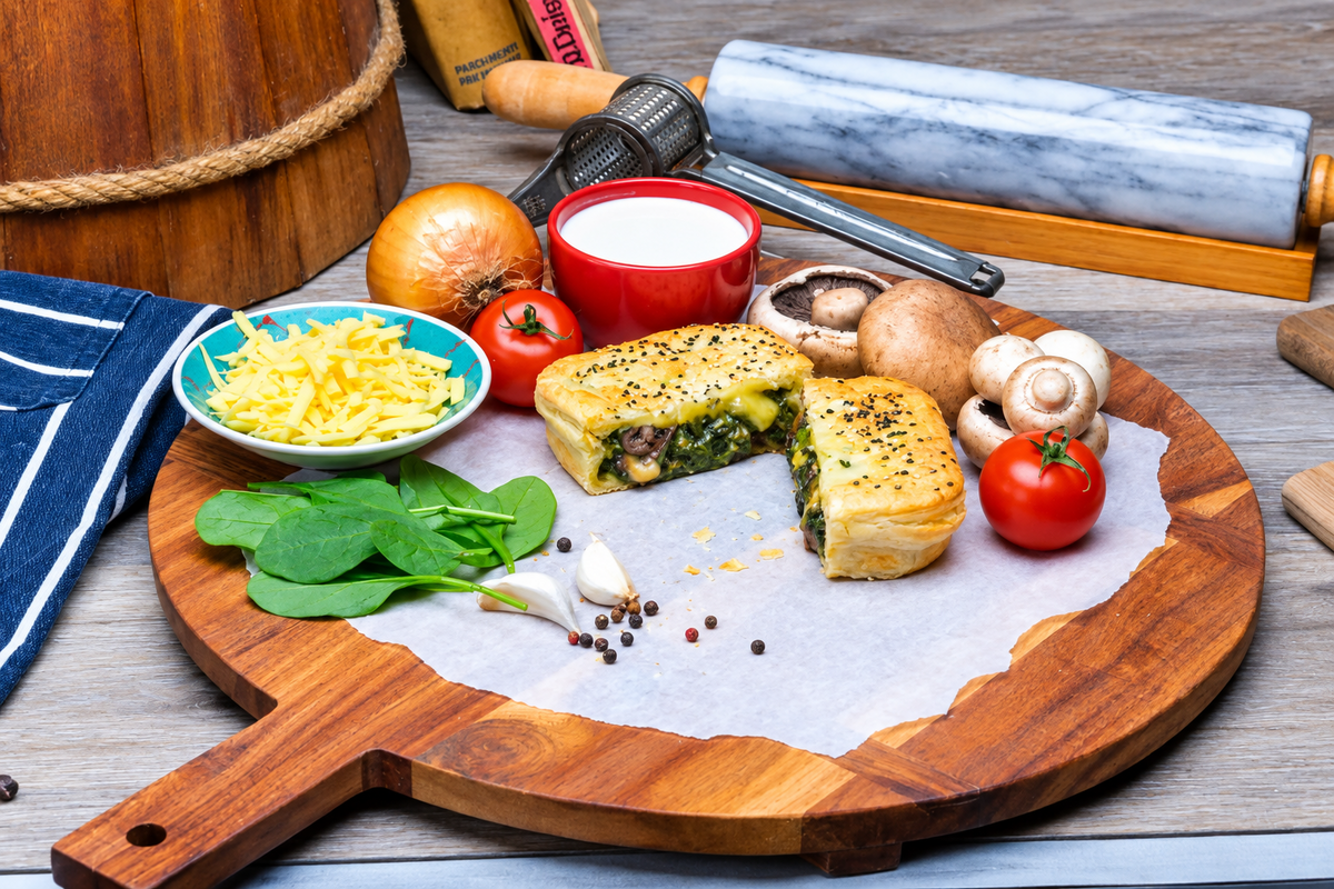 A rustic food styling scene on a round wooden serving board with a cut Hub Gourmet Vegan Pepper Mushroom Pie, alongside spinach, garlic, mushrooms, tomatoes, shredded cheese, a red bowl of white sauce, and baking tools in the background.