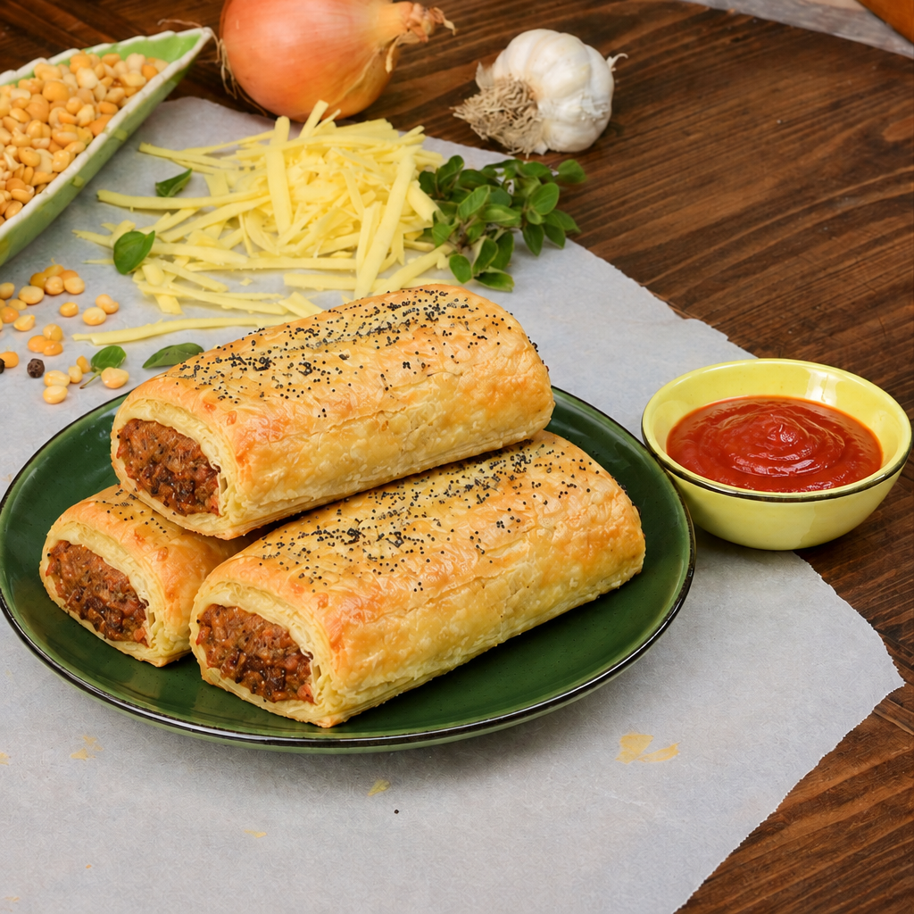 A Hub Gourmet Vegan Sausage Roll topped with black seeds sits on parchment paper on a wooden table, surrounded by shredded cheese, green beans, a onion, garlic, and a small bowl of brown seasoning.
