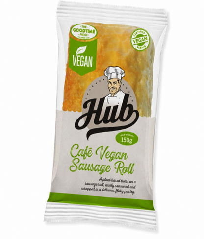 A packaged Hub Gourmet Vegan Sausage Roll on a white background, with a blue 'FROZEN' graphic in the top left corner. The package is white with green and yellow graphics, featuring the Hub brand logo and a cartoon chef illustration.