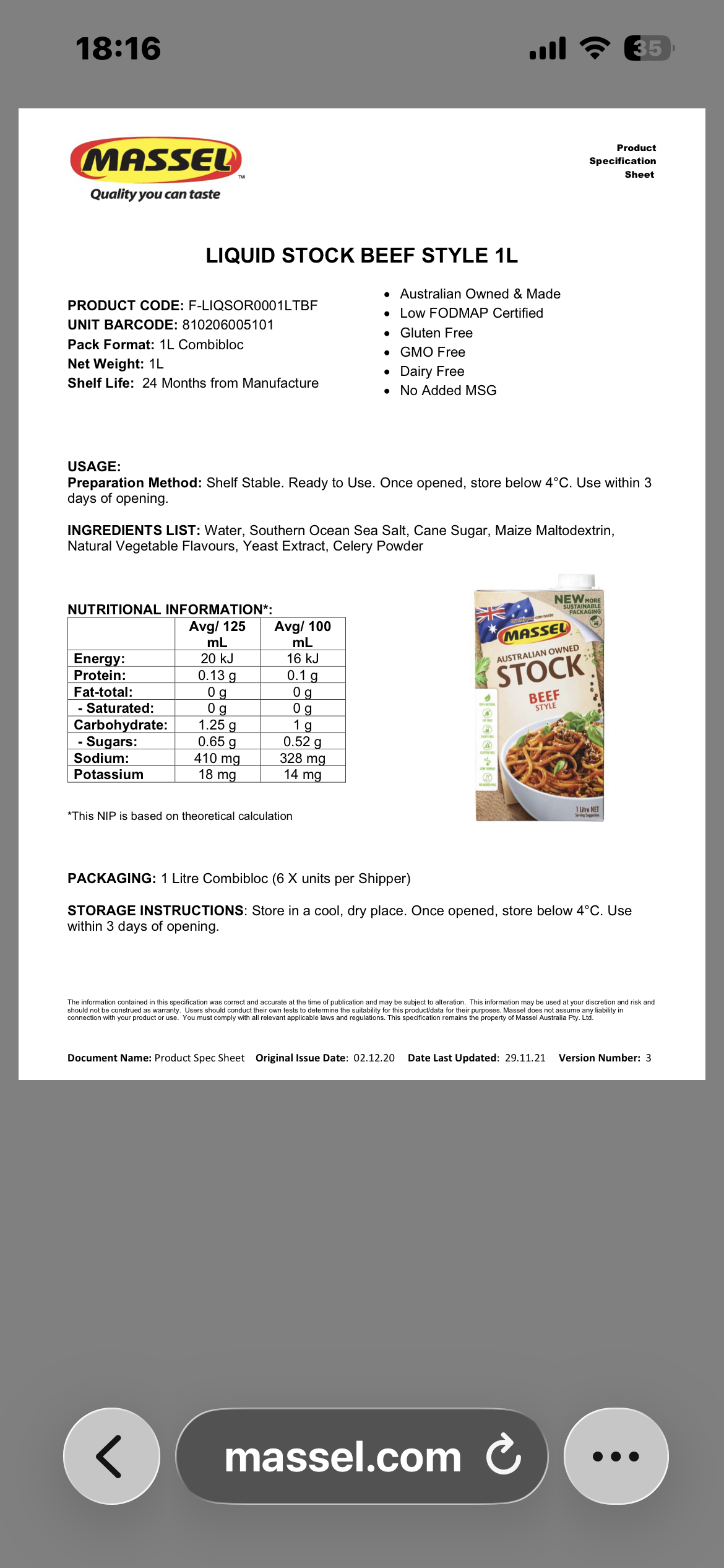 Massel Beef Style Liquid Stock 1 Litre