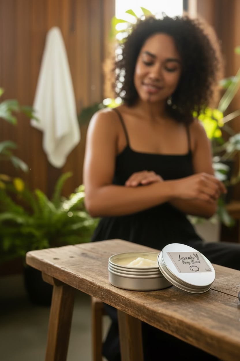 Lavender body butter container with a label on a wooden surface