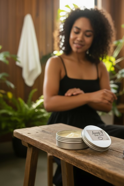 Lavender body butter container with a label on a wooden surface