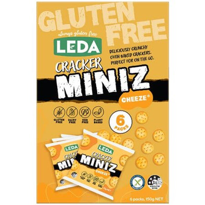 Packaging for Leda Cracker Miniz Cheeze, indicating gluten-free, with six 25gm packets included.