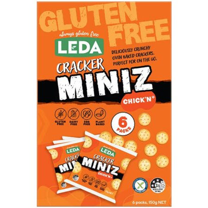 Packaging of Leda Cracker Miniz Chick'n, showing the product name, gluten-free badge, and an image of the crackers. The package contains 6 x 25gm packets.