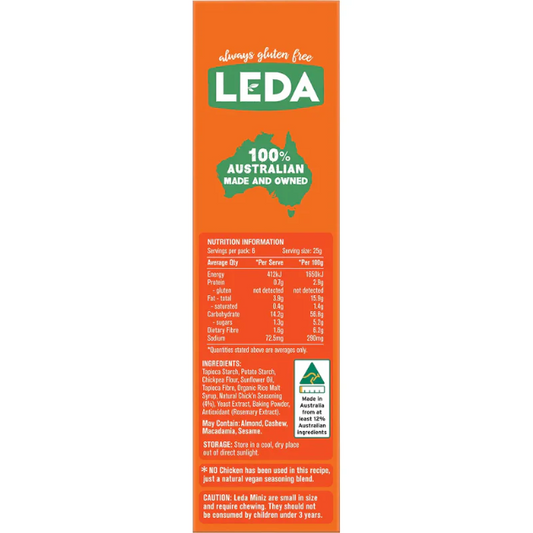 LEDA gluten-free product packaging with nutritional information and ingredients on an orange background