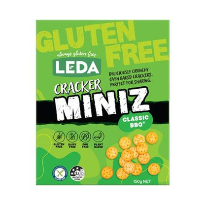 Packaging for Leda Cracker Miniz Classic BBQ flavor, highlighting gluten-free, vegan, and non-GMO attributes, with an image of the crackers.