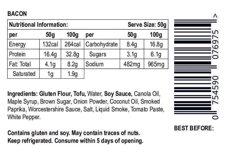 Nutritional label and ingredients list for Let Them Eat Vegan NOT Bacon with a barcode on a white background.