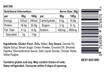 Nutritional label and ingredients list for Let Them Eat Vegan NOT Bacon with a barcode on a white background.