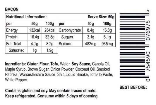 Nutritional label and ingredients list for Let Them Eat Vegan NOT Bacon with a barcode on a white background.