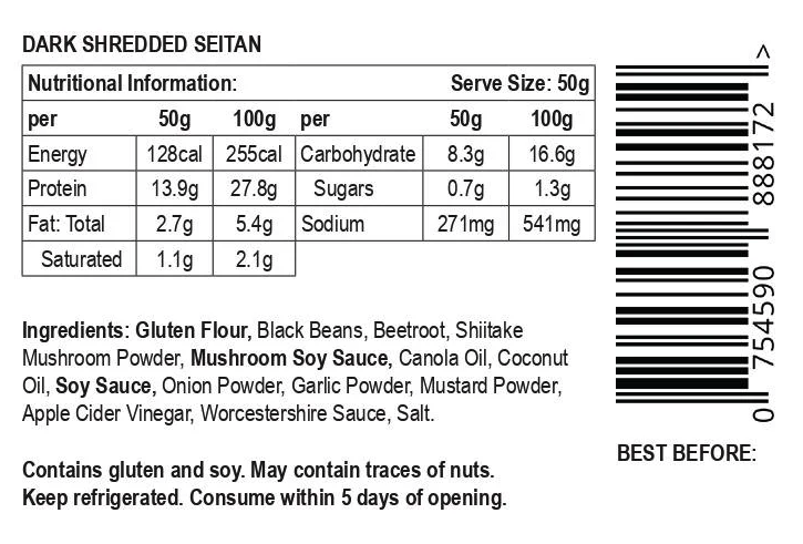 Nutritional information and ingredient list for let them eat vegan not beef dark shredded seitan on a label.