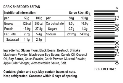 Nutritional information and ingredient list for let them eat vegan not beef dark shredded seitan on a label.