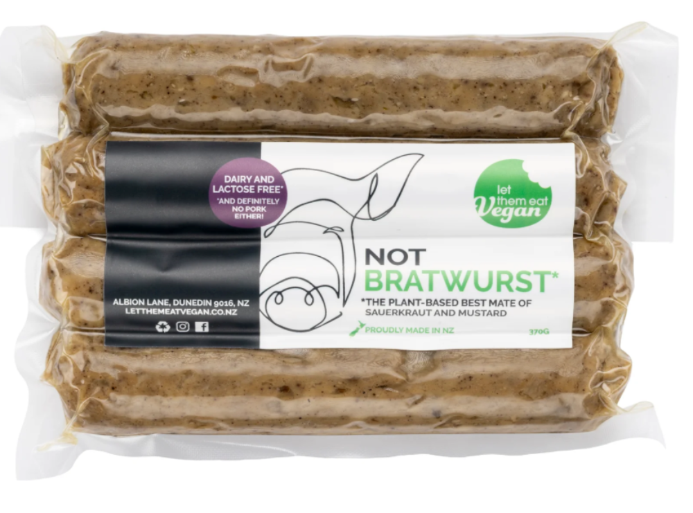 Packaged Let Them Eat Vegan NOT Bratwurst 4pk 370g labeled 'Not Bratwurst' with a visible brand logo.