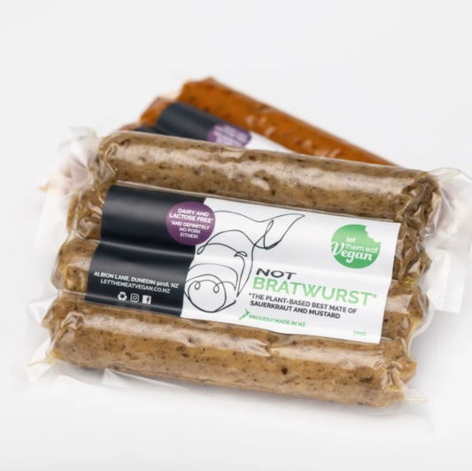 Packaged plant-based Let Them Eat Vegan NOT Bratwurst 4pk 370g with a visible brand label on a white background