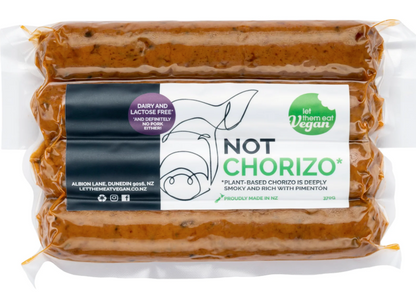 Packaged plant-based chorizo with a visible label on a white background