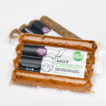 Packaged vegan product labeled 'Not Horizo' on a white background