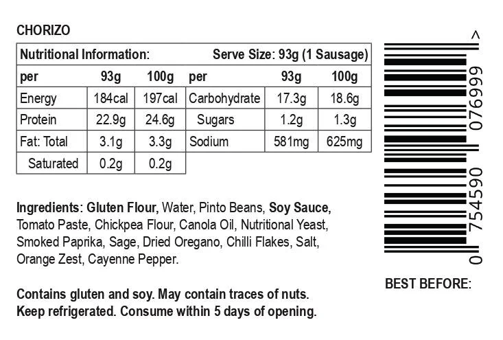 Nutritional label and ingredients list for Let Them Eat Vegan NOT Chorizo with a barcode on a white background.