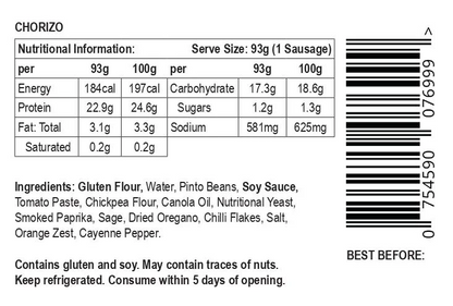 Nutritional label and ingredients list for Let Them Eat Vegan NOT Chorizo with a barcode on a white background.