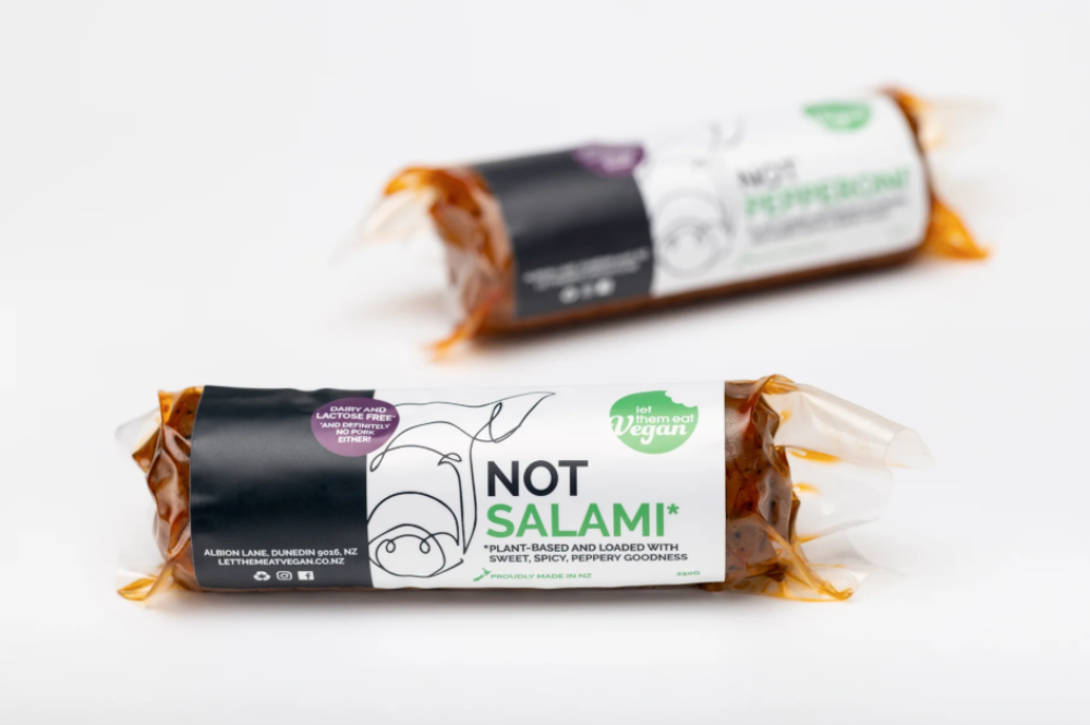 Two packages of Let Them Eat Vegan NOT Salami 250gm on a white background