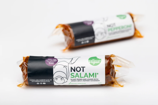 Two packages of Let Them Eat Vegan NOT Salami 250gm on a white background