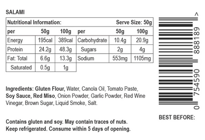 Nutritional information and ingredient label for Let Them Eat Vegan NOT Salami 250gm